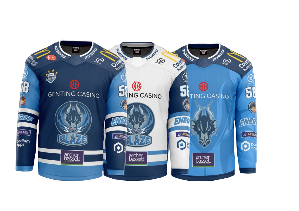 Picture of the Coventry Blaze home (dark blue), away (white) and Challenge Cup (sky blue) Jersey for the 2025/26 season. 