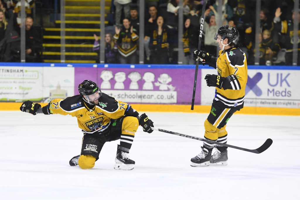 Ollie Betteridge celebrates scoring Panthers' equaliser. 