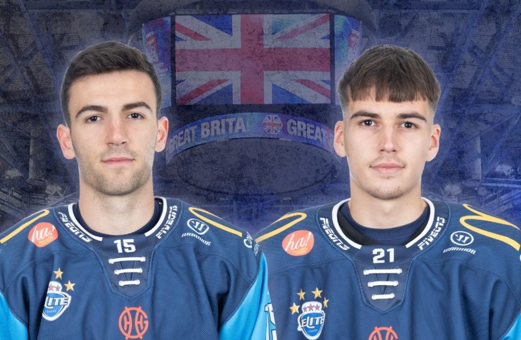 Jack Hopkins and Archie Hazeldine with a Great Britain flag in the background.