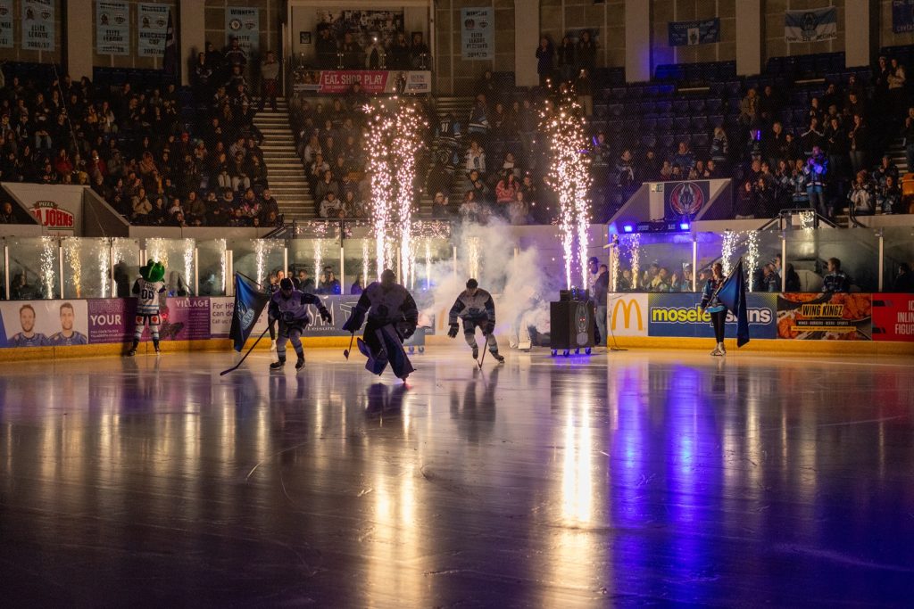 Coventry Blaze skate out to sparkles either side.