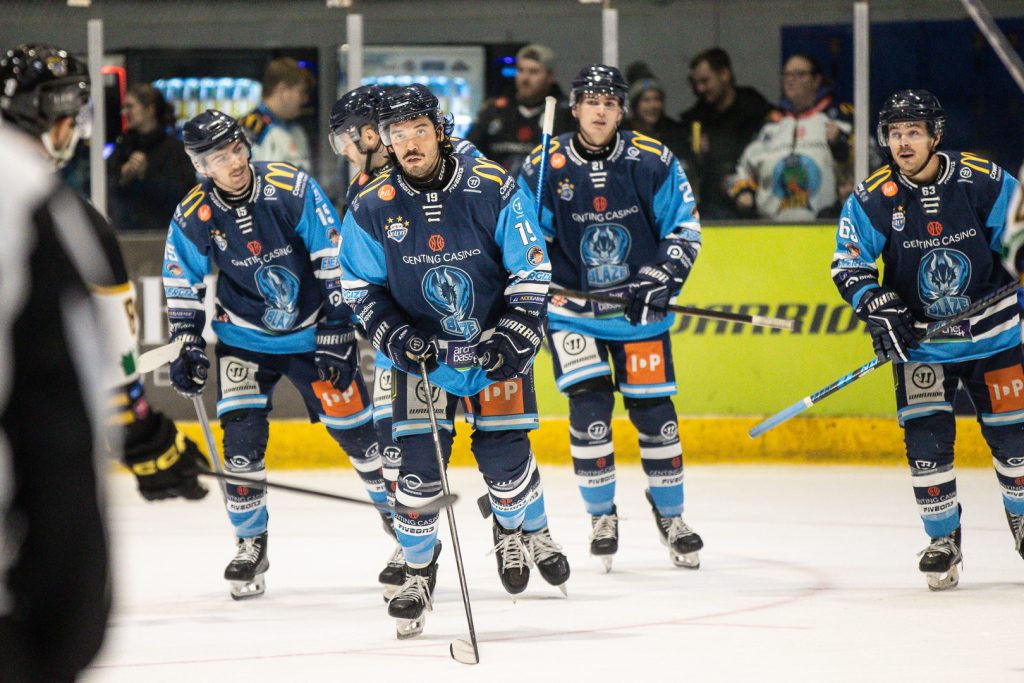 Barriga skates to the Blaze bench after scoring.
