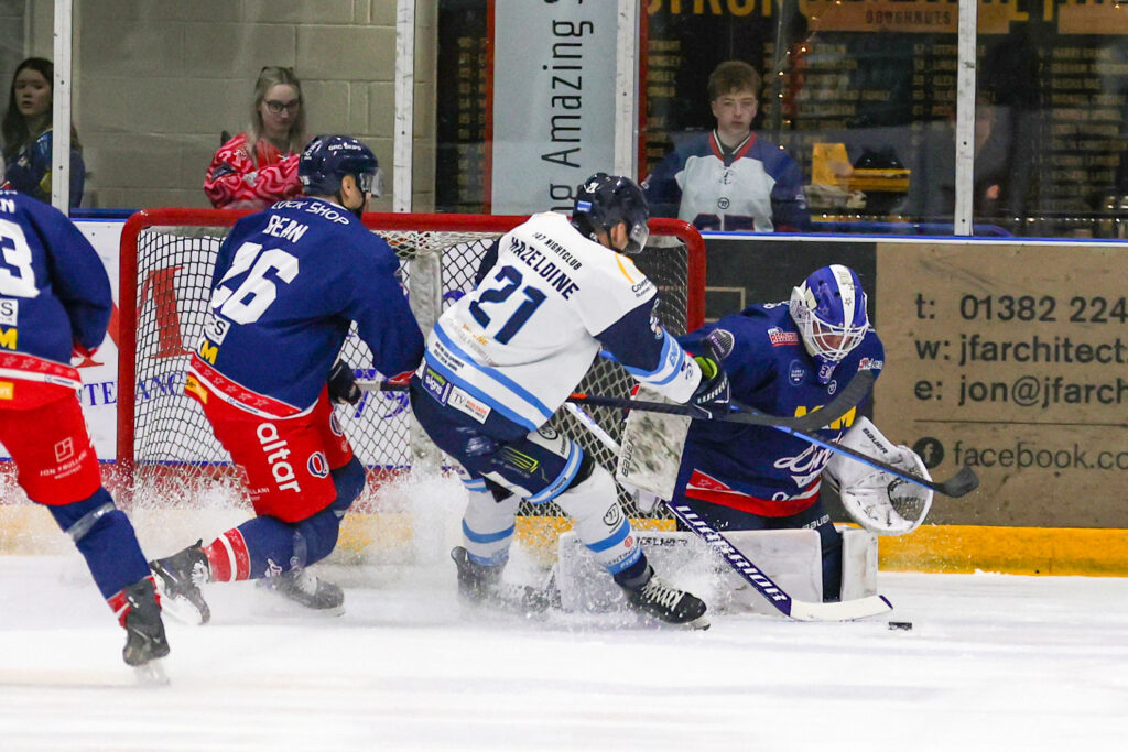 Hazeldine shoots with Kruse making a save.